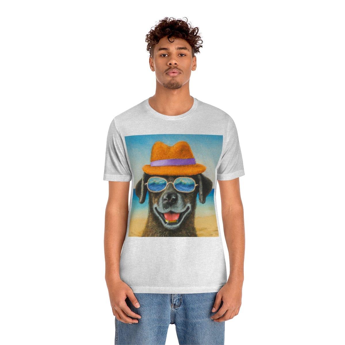 Dog with glasses and hat by the beach painting on ladies Tshirt - Giftsmojo
