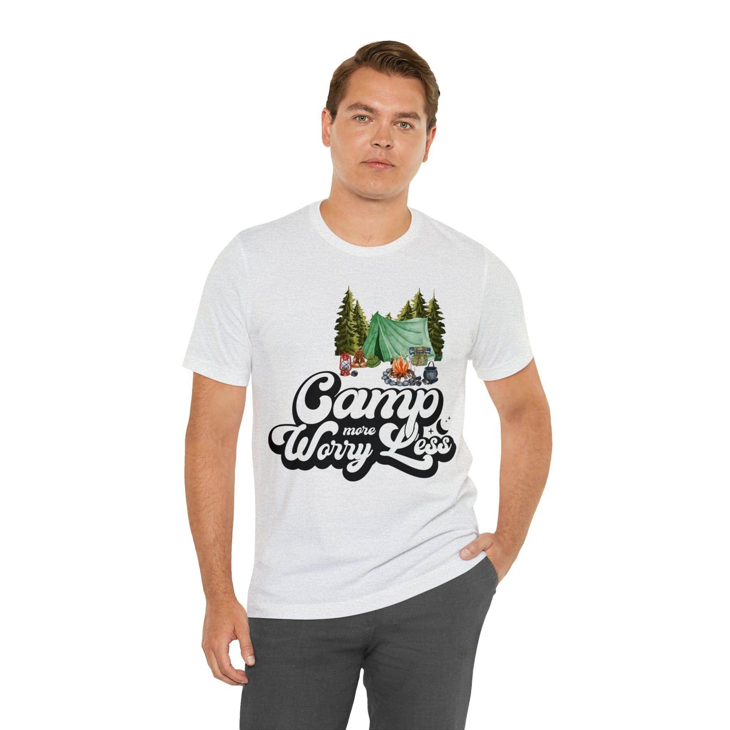 Camp More Worry Less Shirt, Outdoor adventure clothing, Nature-inspired shirts, Hiking apparel, Outdoor enthusiasts gift, Adventure-themed attire - Giftsmojo