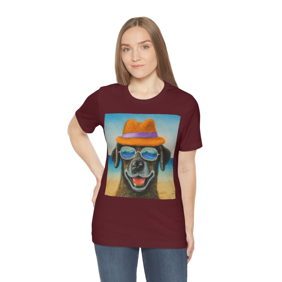 Dog with glasses and hat by the beach painting on ladies Tshirt