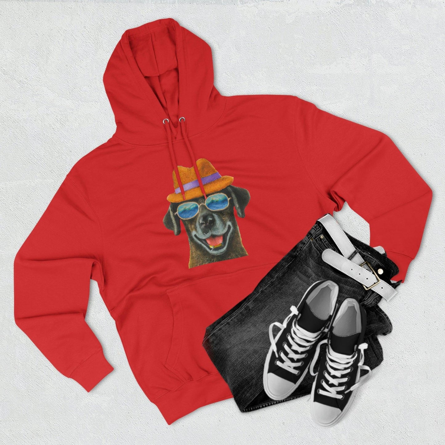 Dog at the beach wearing a hat and sunglasses painted arts Premium Pullover Hoodie