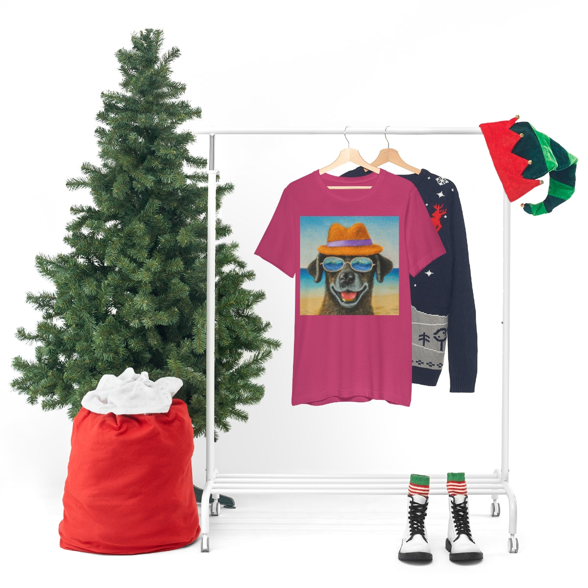 Dog with glasses and hat by the beach painting on ladies Tshirt