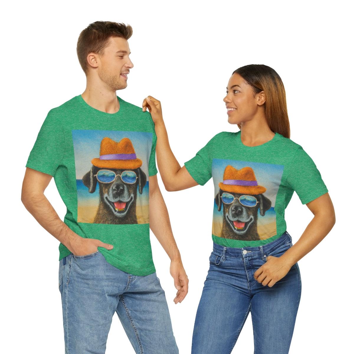 Dog with glasses and hat by the beach painting on ladies Tshirt - Giftsmojo
