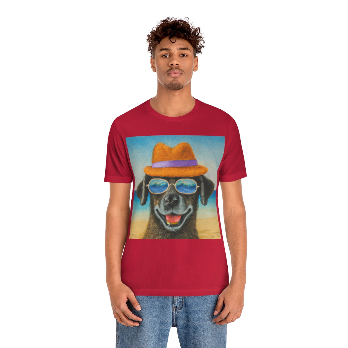 Dog with glasses and hat by the beach painting on ladies Tshirt
