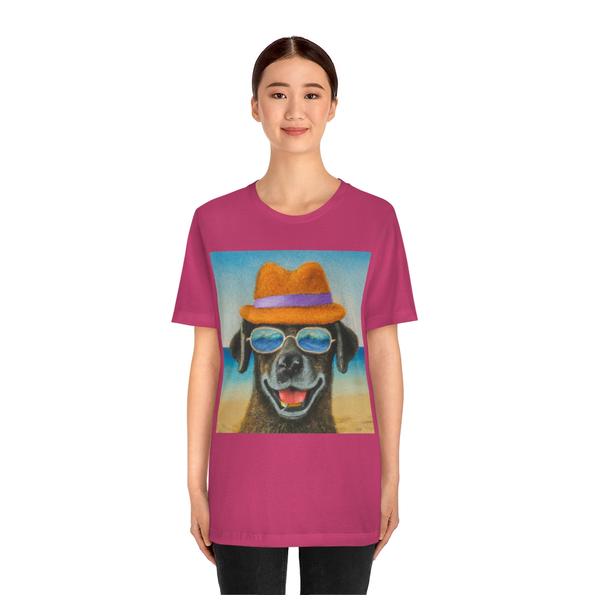 Dog with glasses and hat by the beach painting on ladies Tshirt