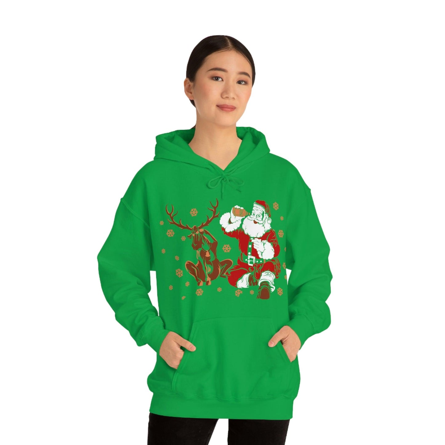 Santa and Reindeer Hooded Sweatshirt Christmas Shirt Funny Christmas Sweatshirt Christmas Gifts Santa Drinking Beer