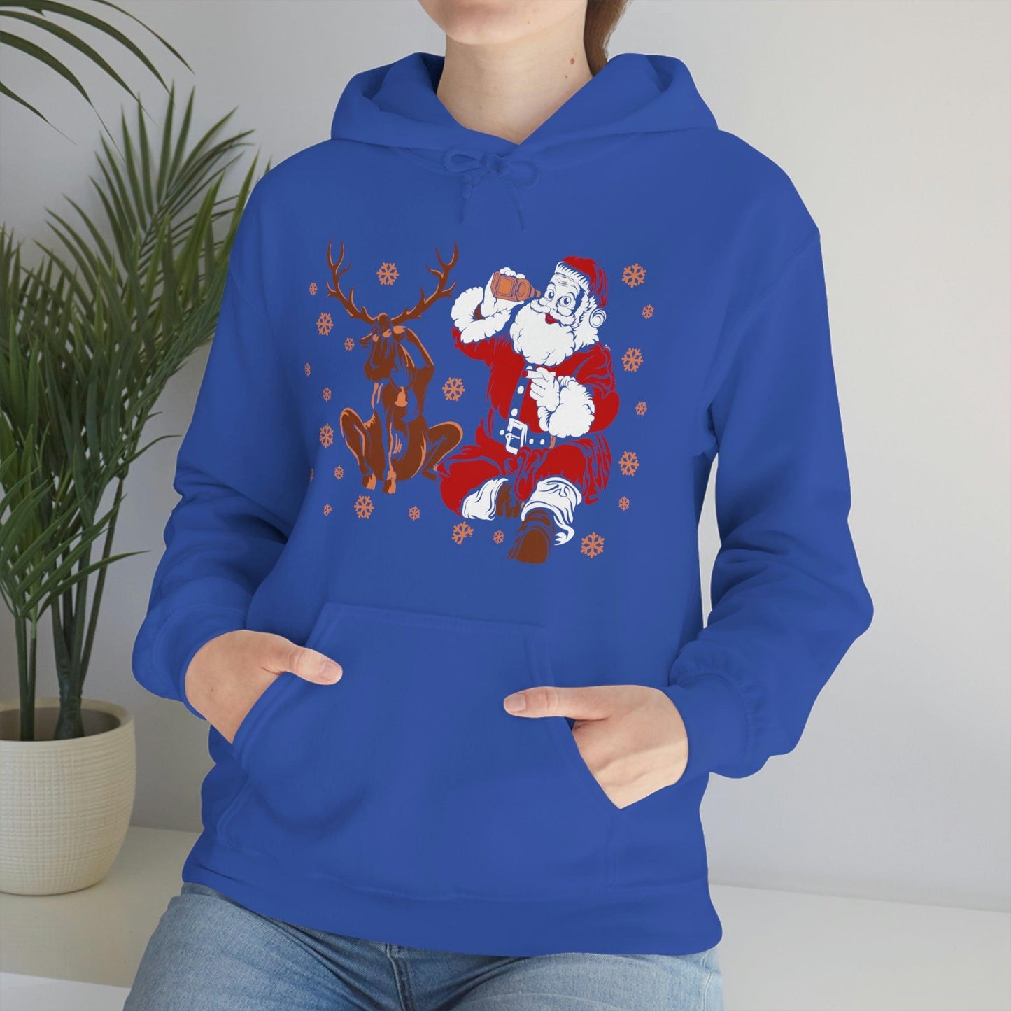 Santa and Reindeer Hooded Sweatshirt Christmas Shirt Funny Christmas Sweatshirt Christmas Gifts Santa Drinking Beer
