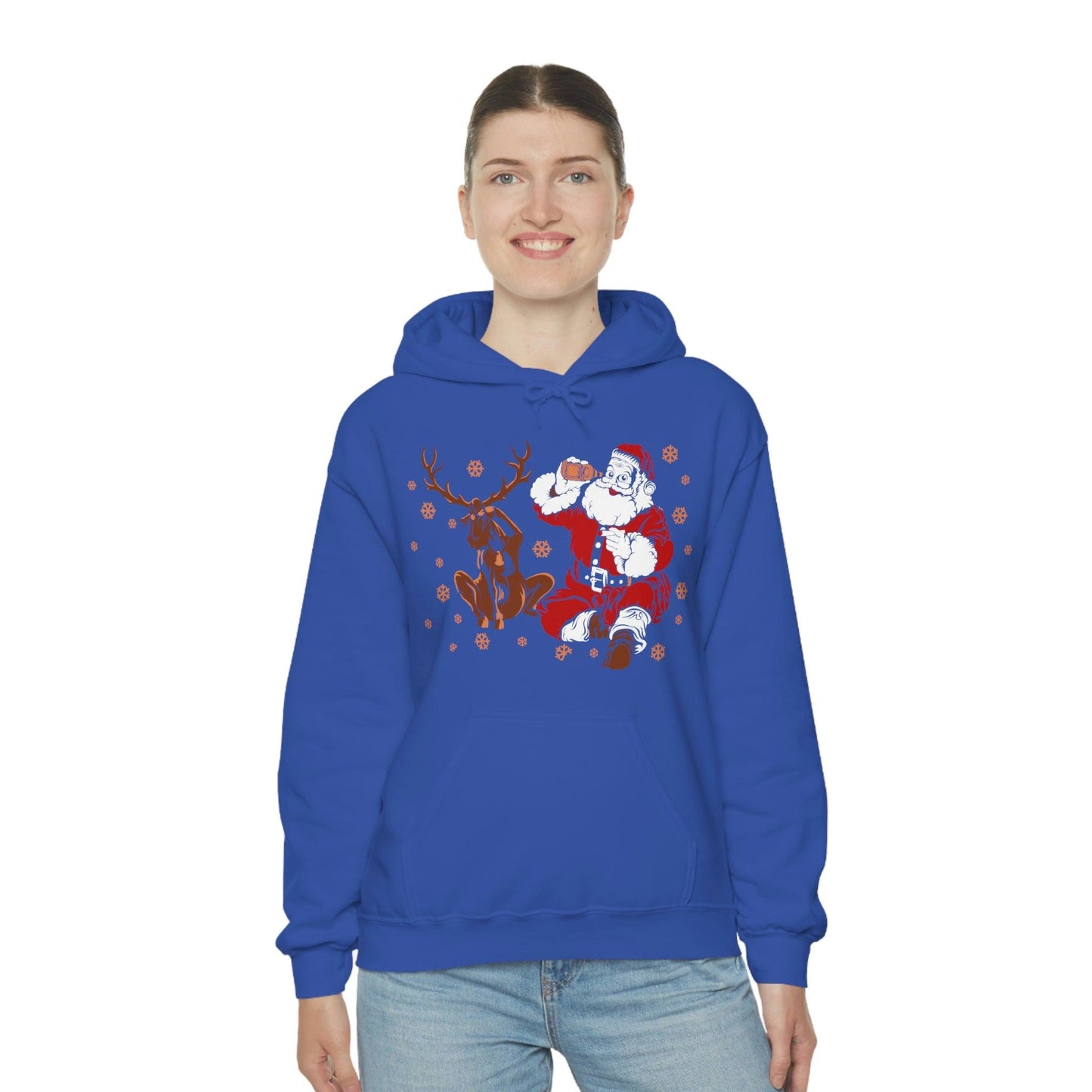 Santa and Reindeer Hooded Sweatshirt Christmas Shirt Funny Christmas Sweatshirt Christmas Gifts Santa Drinking Beer