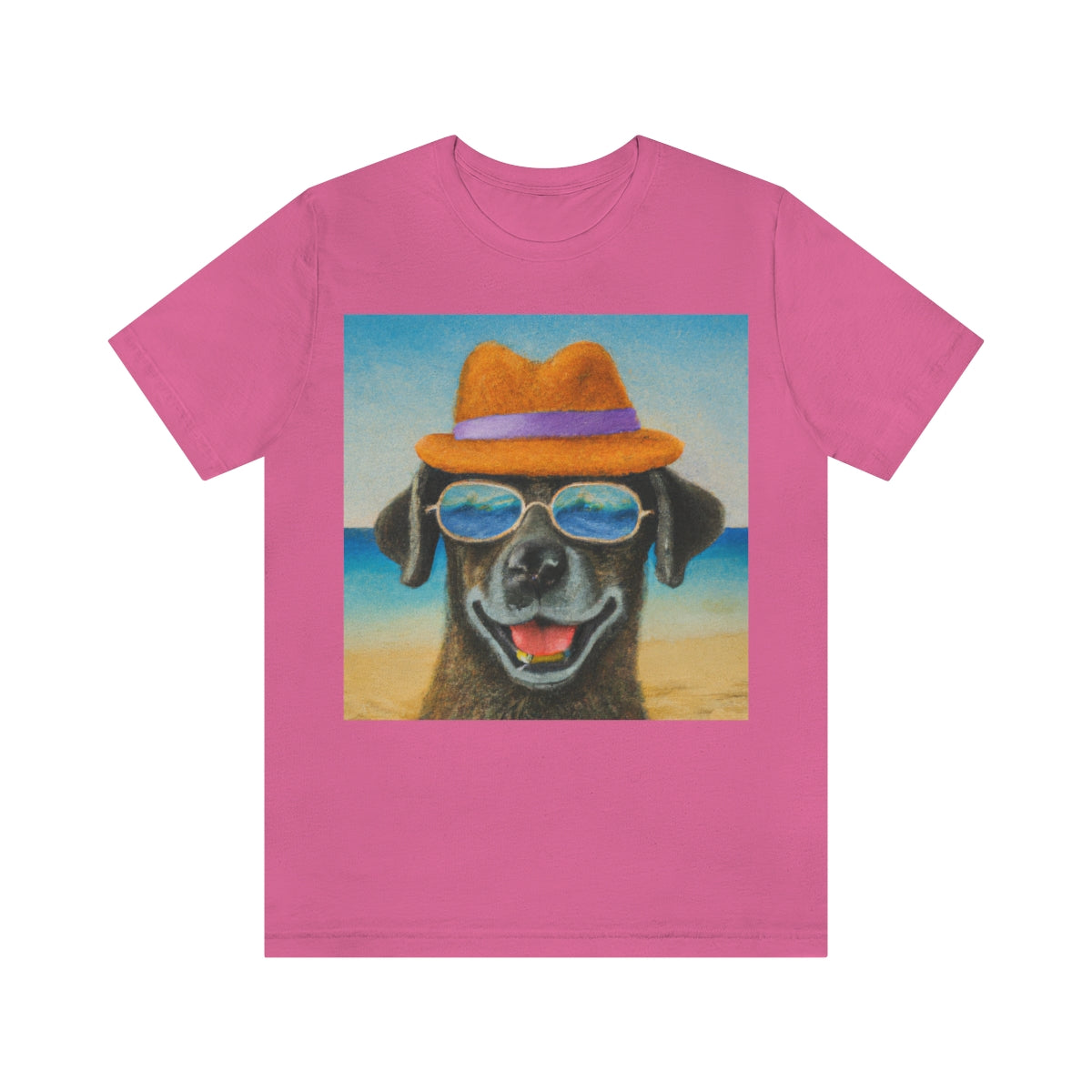 Dog with glasses and hat by the beach painting on ladies Tshirt