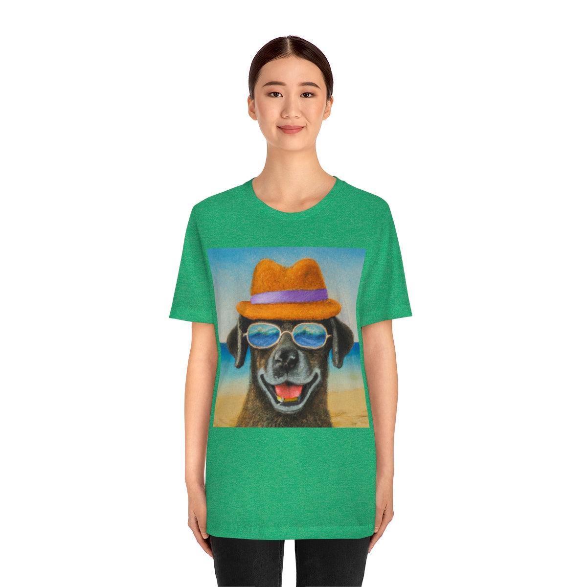 Dog with glasses and hat by the beach painting on ladies Tshirt - Giftsmojo