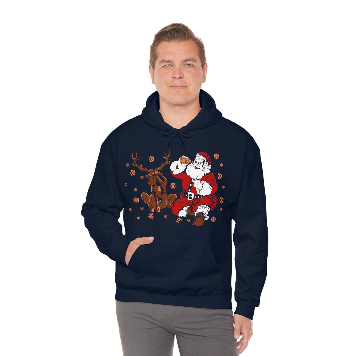 Santa and Reindeer Hooded Sweatshirt Christmas Shirt Funny Christmas Sweatshirt Christmas Gifts Santa Drinking Beer