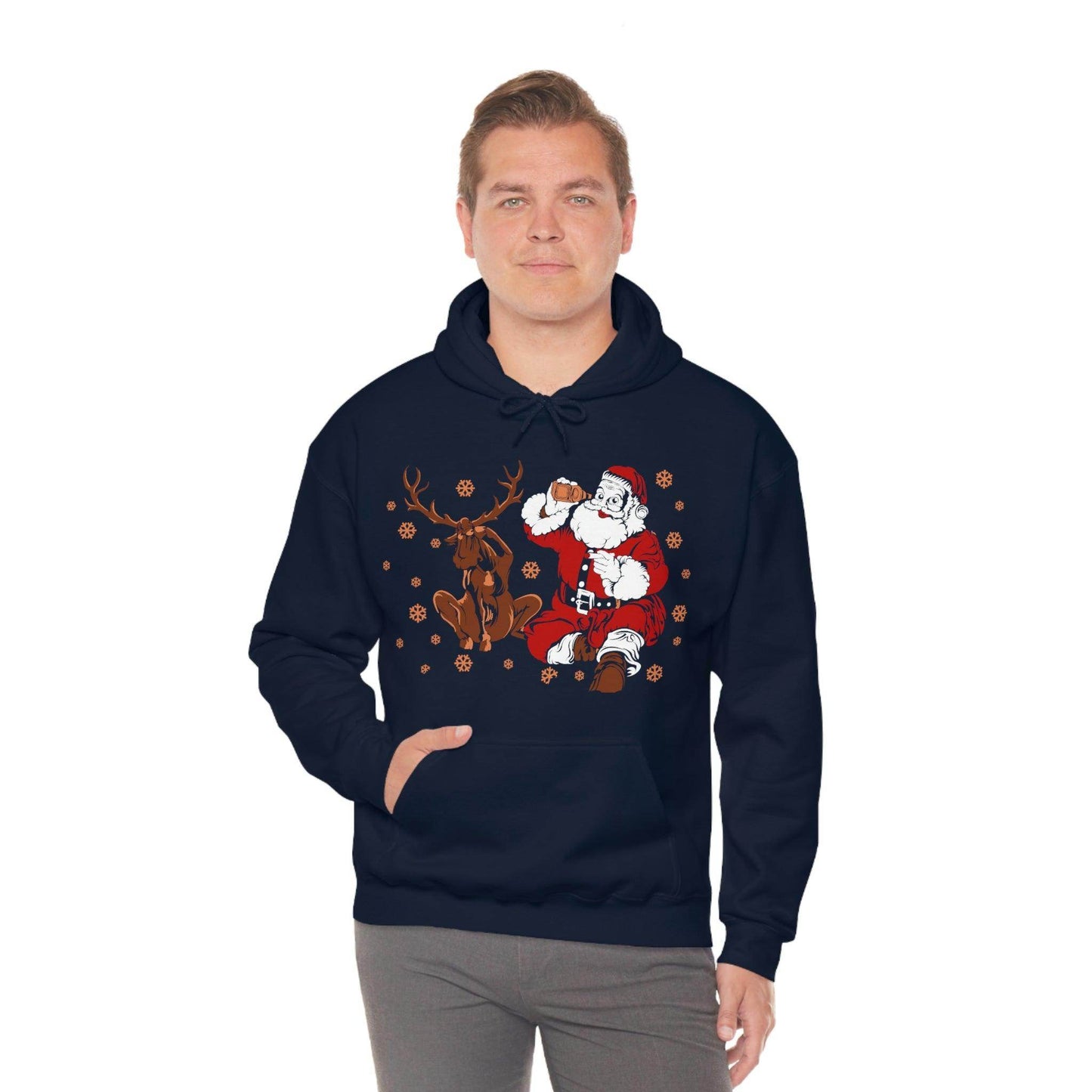 Santa and Reindeer Hooded Sweatshirt Christmas Shirt Funny Christmas Sweatshirt Christmas Gifts Santa Drinking Beer - Giftsmojo