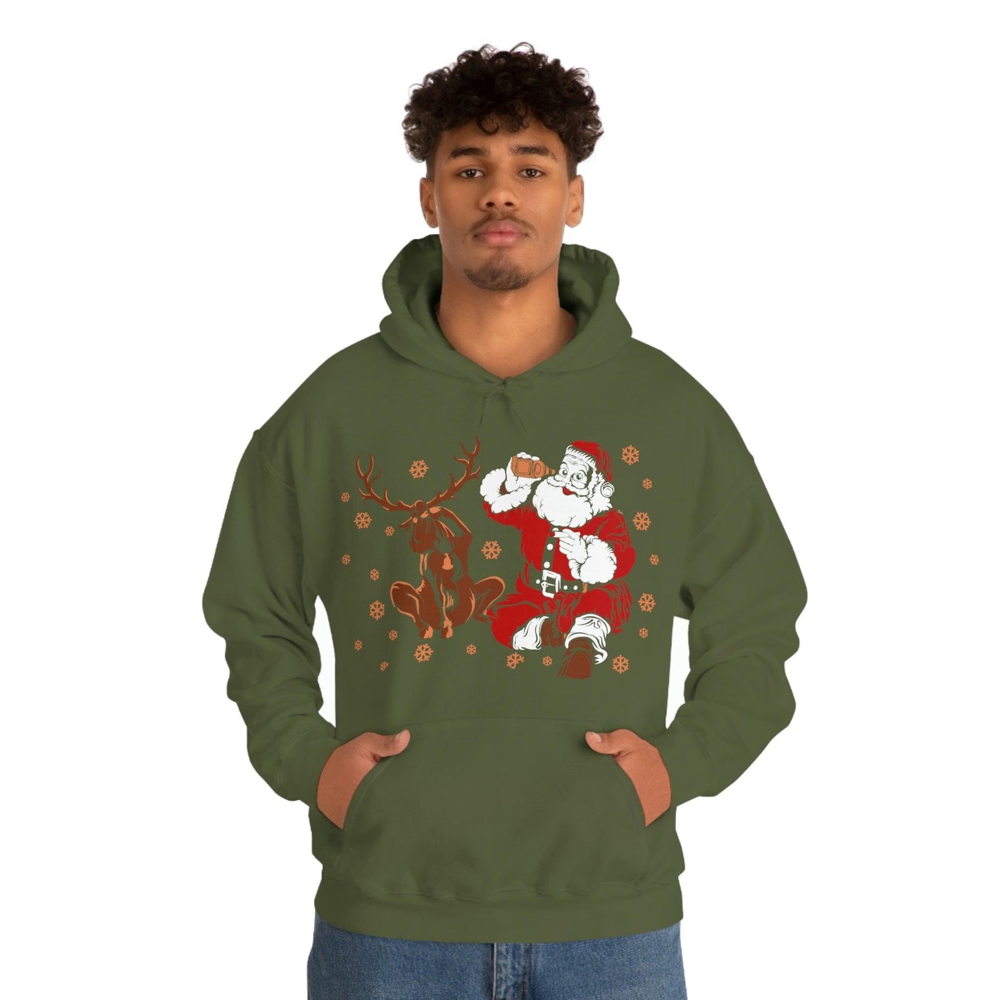 Santa and Reindeer Hooded Sweatshirt Christmas Shirt Funny Christmas Sweatshirt Christmas Gifts Santa Drinking Beer