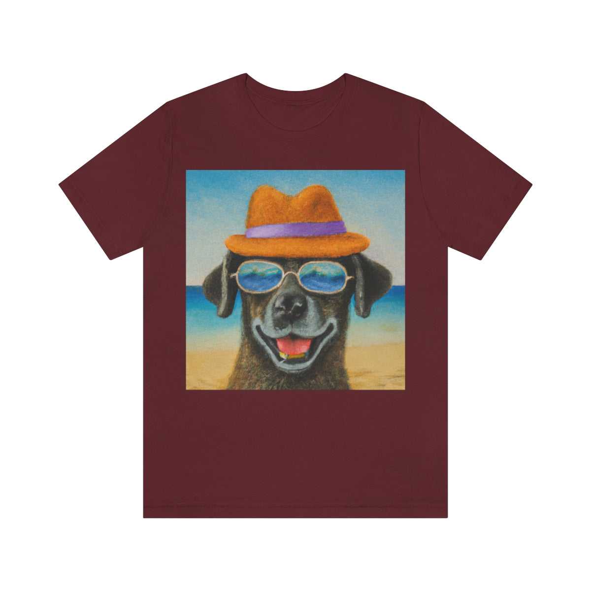 Dog with glasses and hat by the beach painting on ladies Tshirt