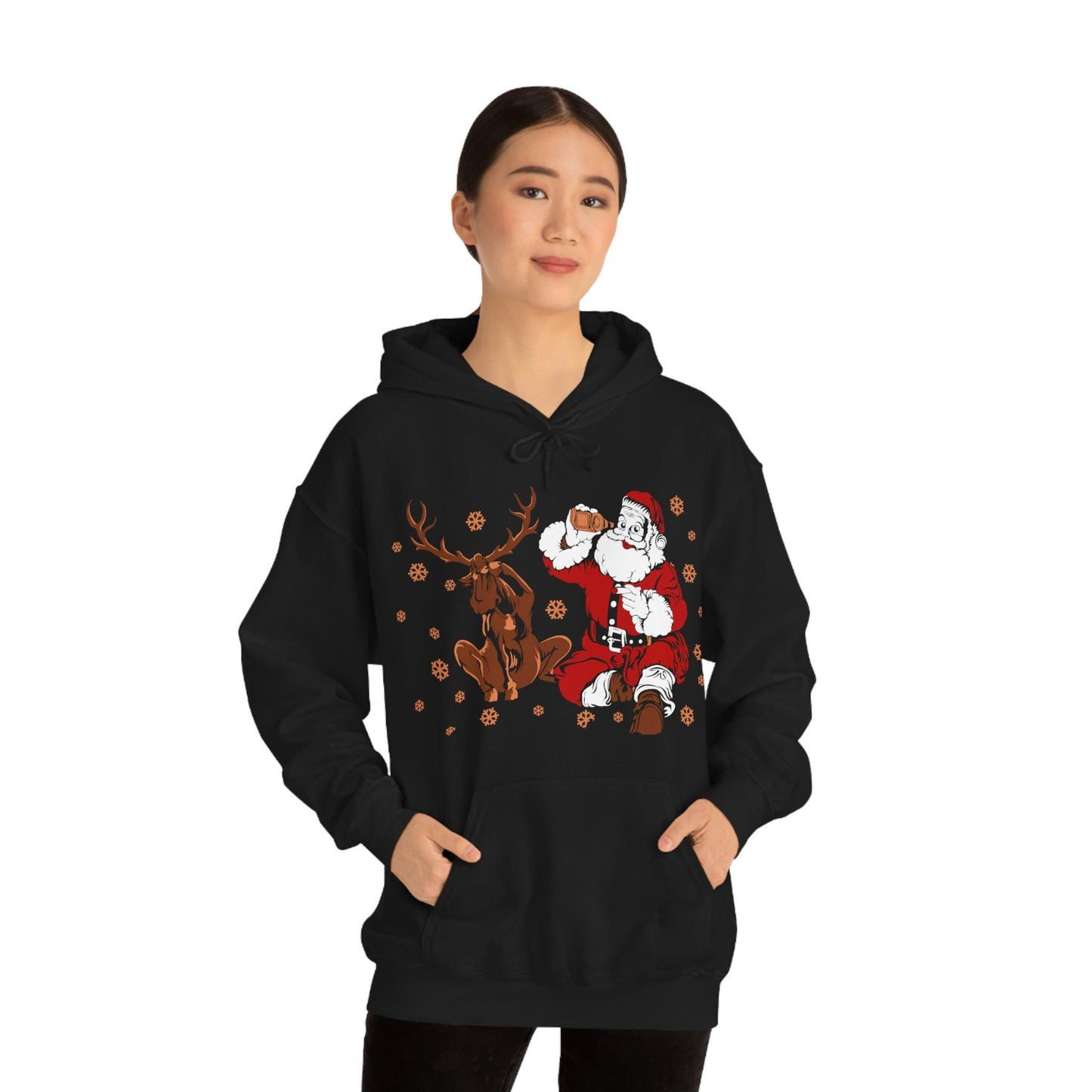 Santa and Reindeer Hooded Sweatshirt Christmas Shirt Funny Christmas Sweatshirt Christmas Gifts Santa Drinking Beer