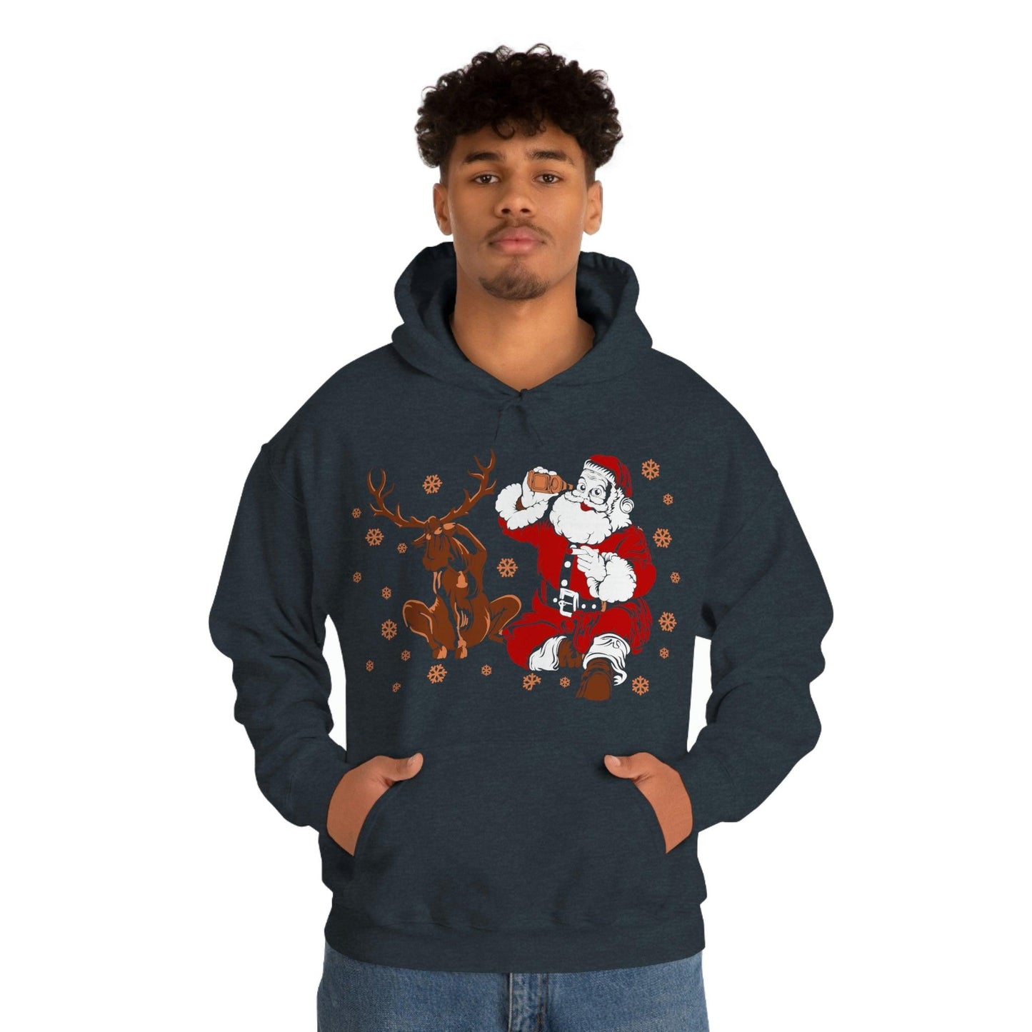 Santa and Reindeer Hooded Sweatshirt Christmas Shirt Funny Christmas Sweatshirt Christmas Gifts Santa Drinking Beer