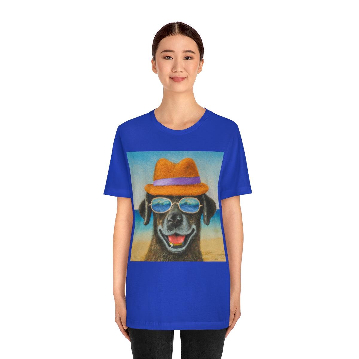 Dog with glasses and hat by the beach painting on ladies Tshirt - Giftsmojo