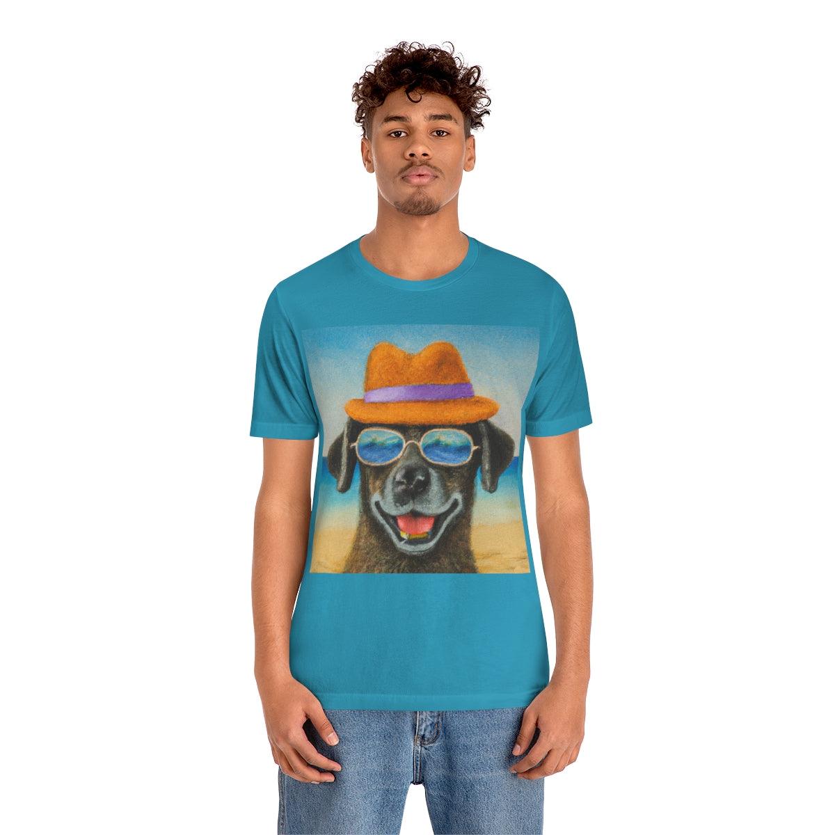 Dog with glasses and hat by the beach painting on ladies Tshirt - Giftsmojo