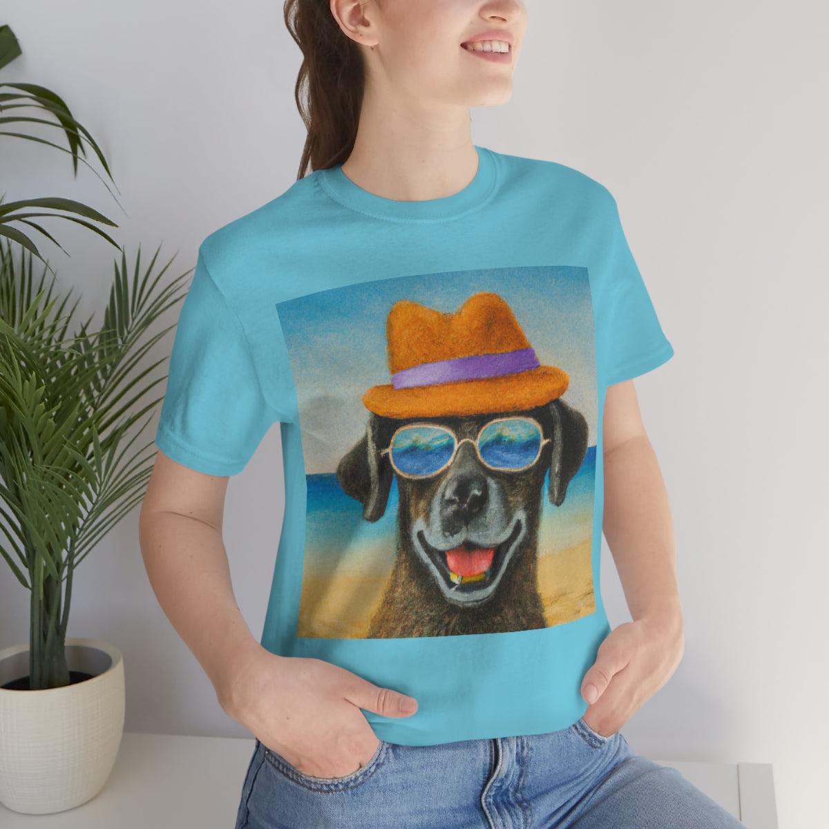 Dog with glasses and hat by the beach painting on ladies Tshirt - Giftsmojo