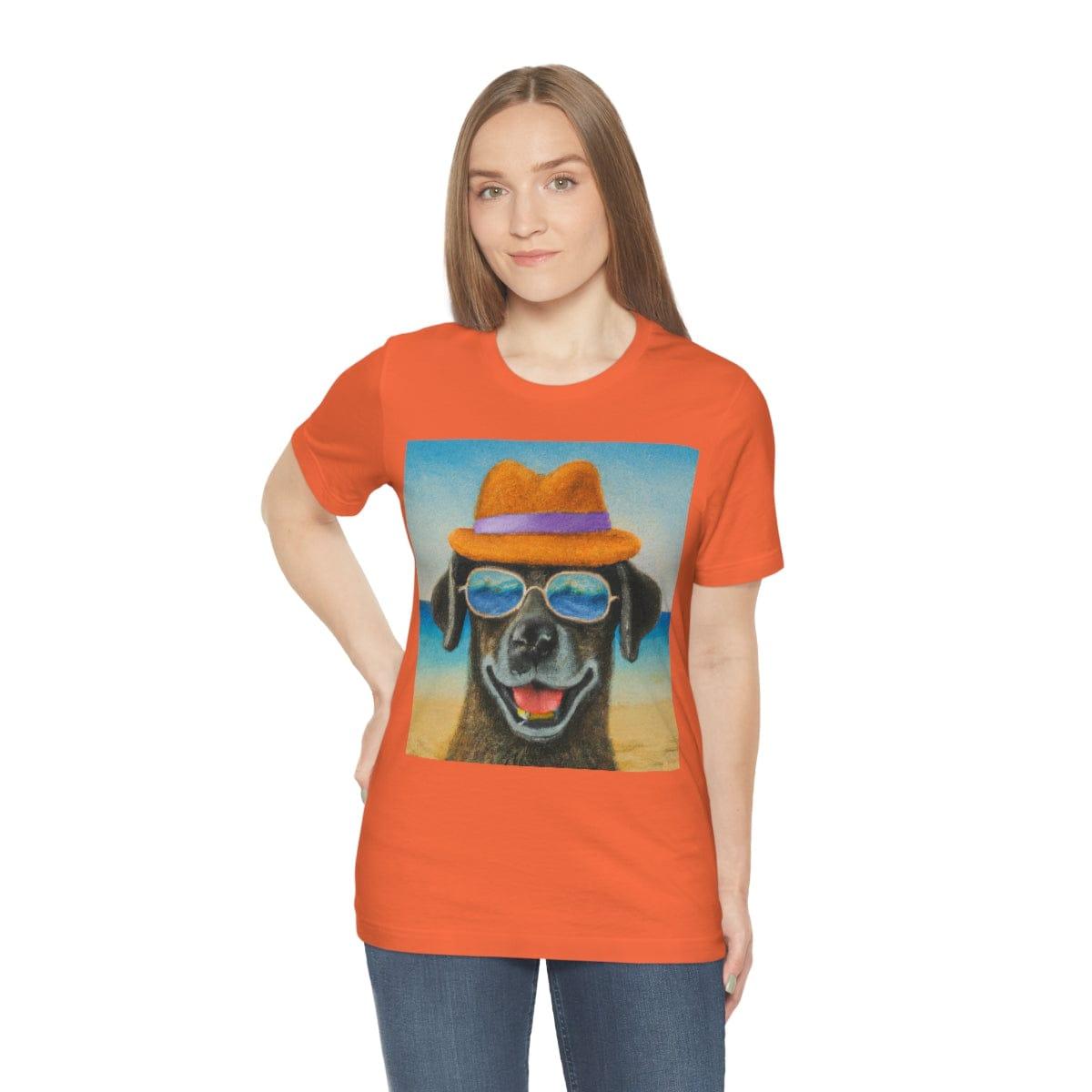 Dog with glasses and hat by the beach painting on ladies Tshirt - Giftsmojo