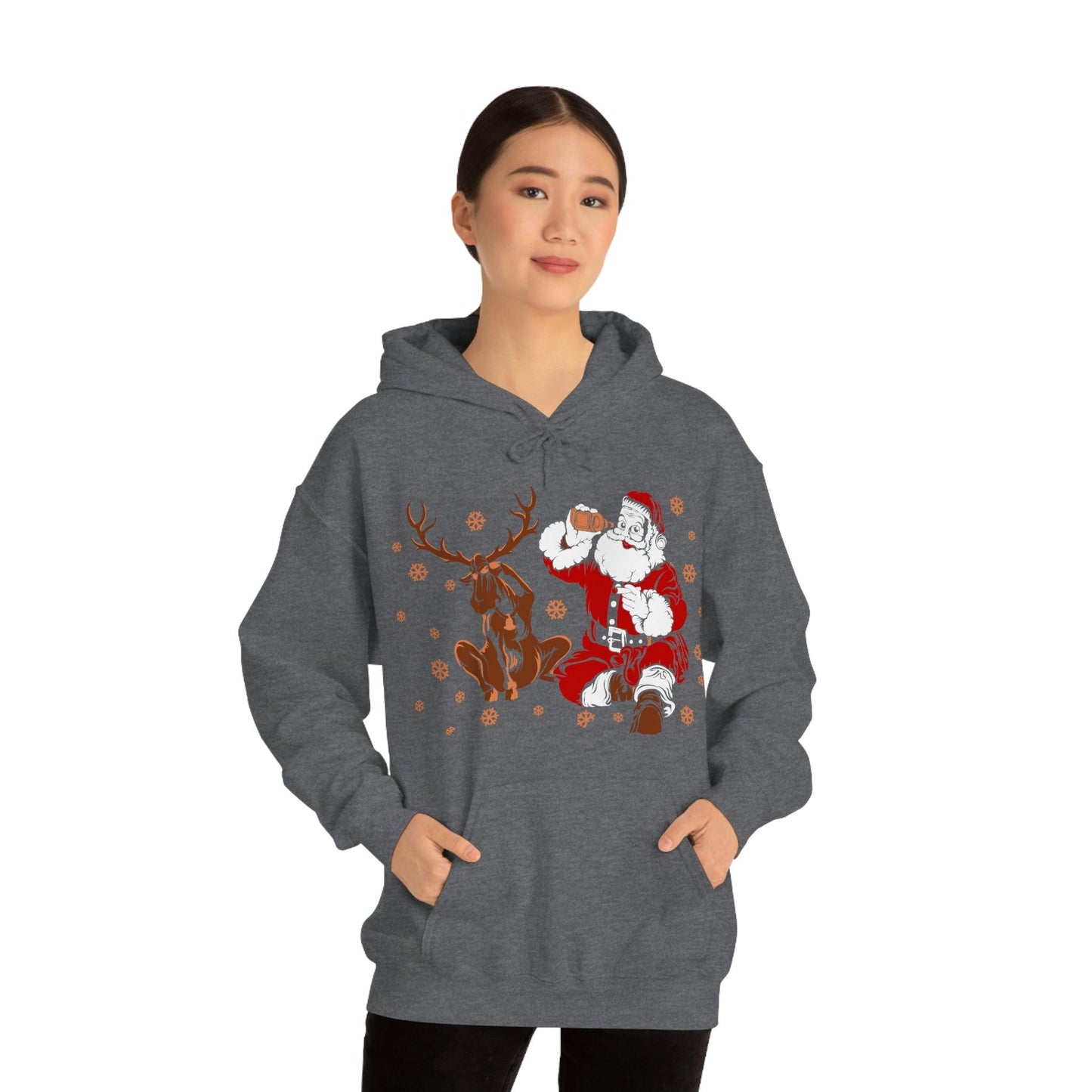 Santa and Reindeer Hooded Sweatshirt Christmas Shirt Funny Christmas Sweatshirt Christmas Gifts Santa Drinking Beer