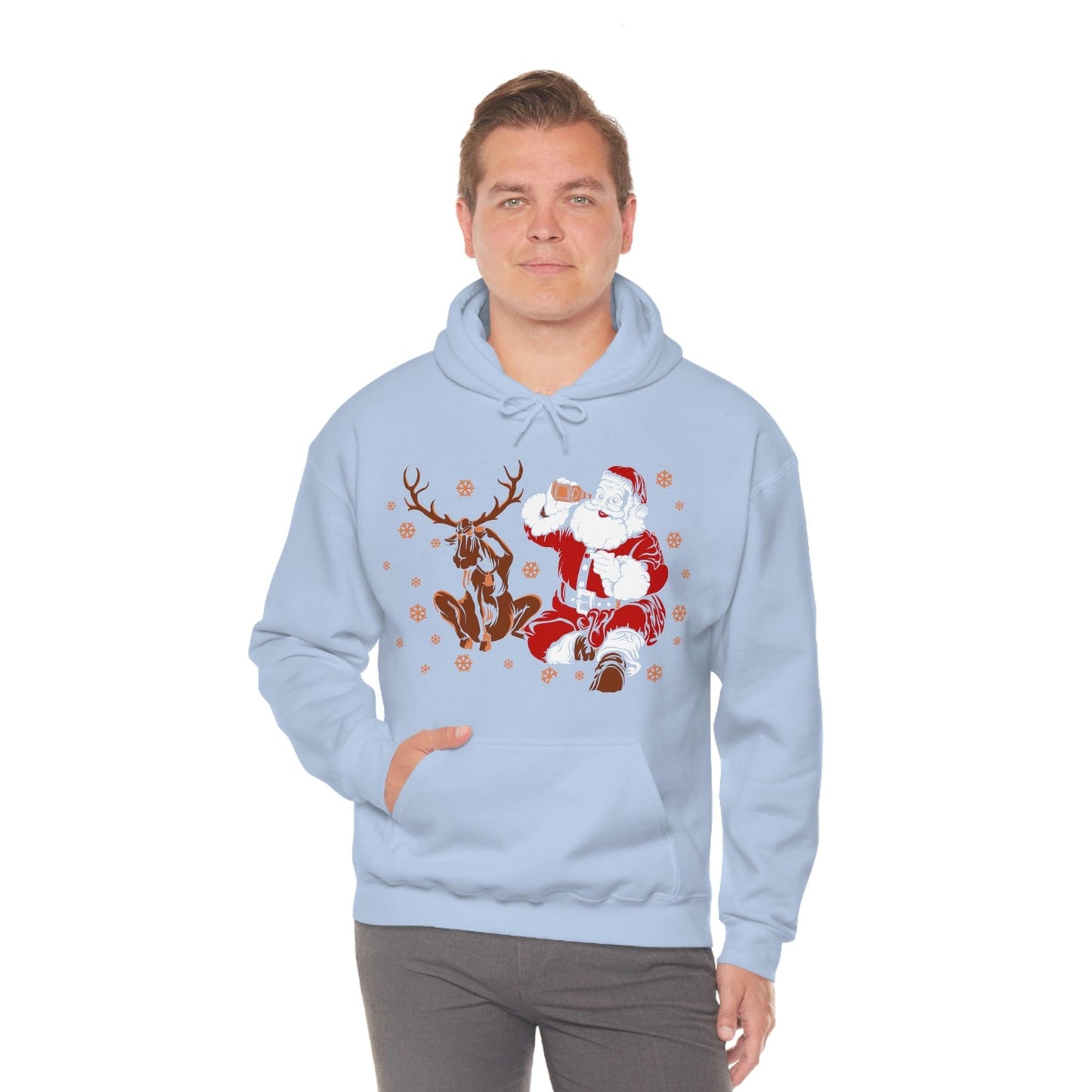 Santa and Reindeer Hooded Sweatshirt Christmas Shirt Funny Christmas Sweatshirt Christmas Gifts Santa Drinking Beer