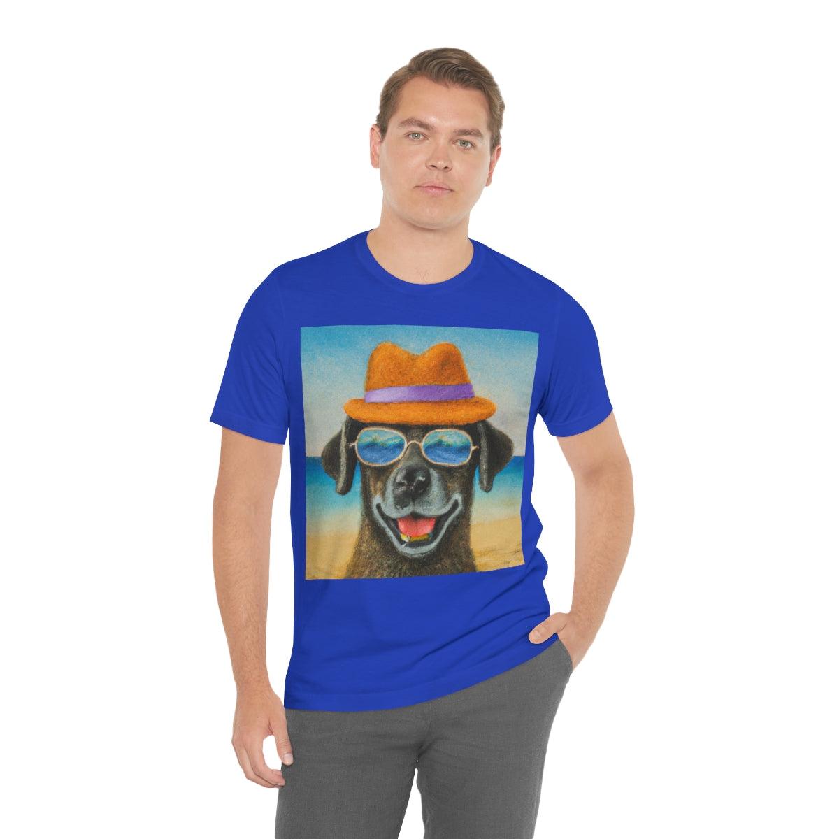 Dog with glasses and hat by the beach painting on ladies Tshirt - Giftsmojo