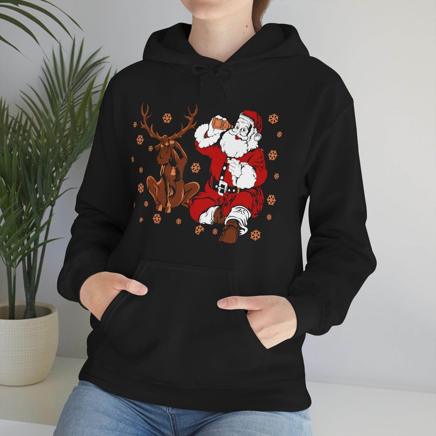 Santa and Reindeer Hooded Sweatshirt Christmas Shirt Funny Christmas Sweatshirt Christmas Gifts Santa Drinking Beer - Giftsmojo