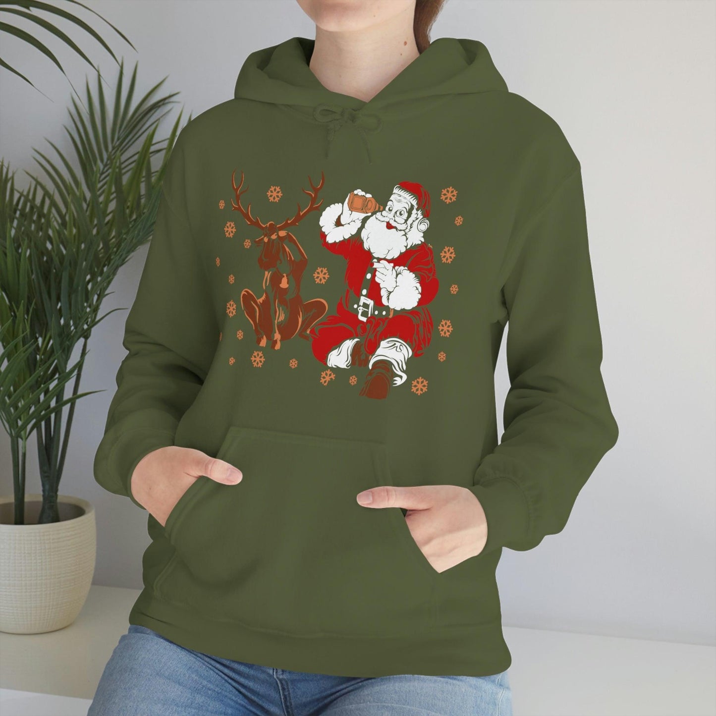 Santa and Reindeer Hooded Sweatshirt Christmas Shirt Funny Christmas Sweatshirt Christmas Gifts Santa Drinking Beer