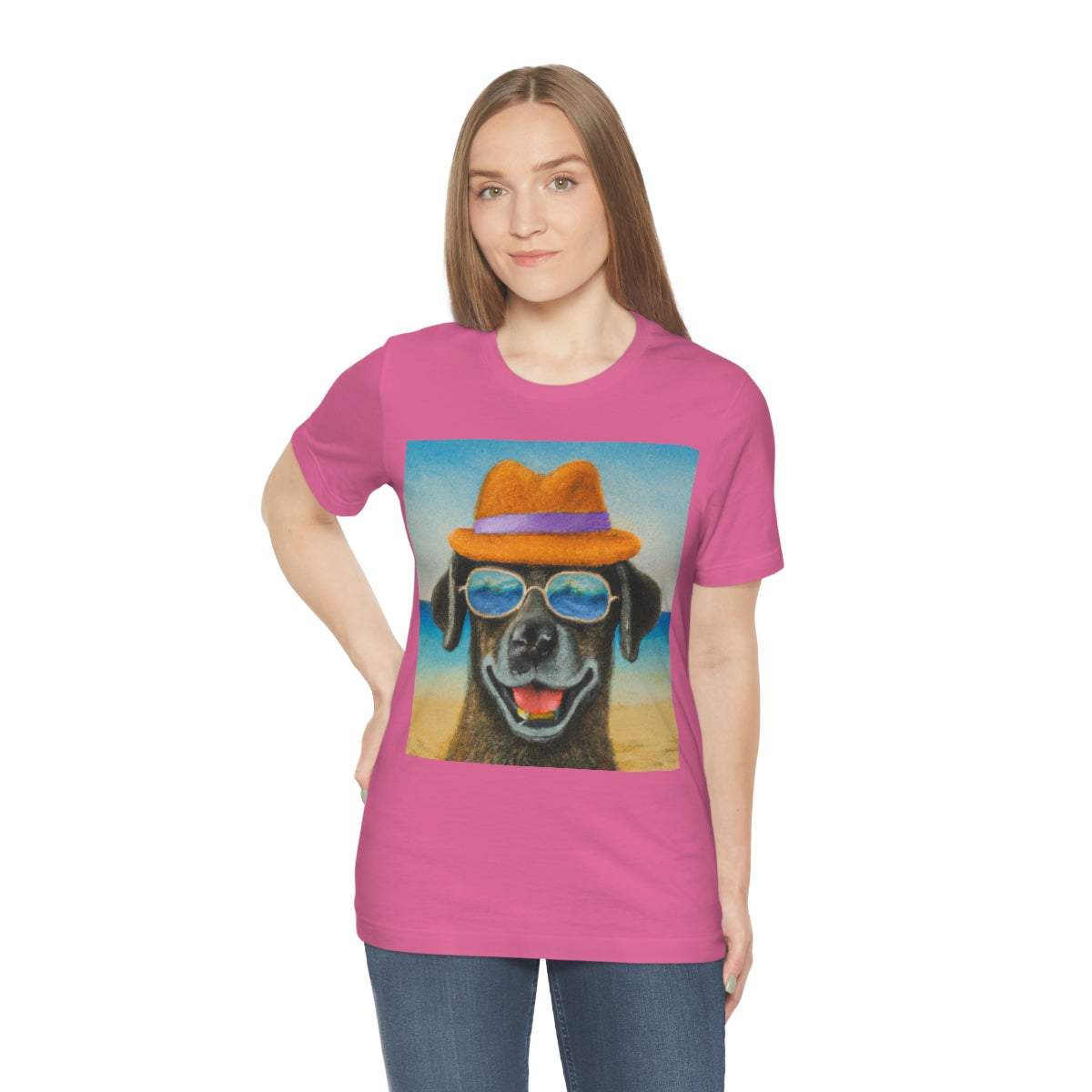 Dog with glasses and hat by the beach painting on ladies Tshirt