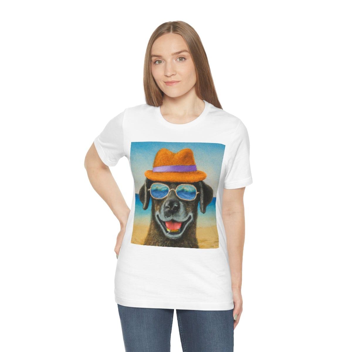 Dog with glasses and hat by the beach painting on ladies Tshirt - Giftsmojo