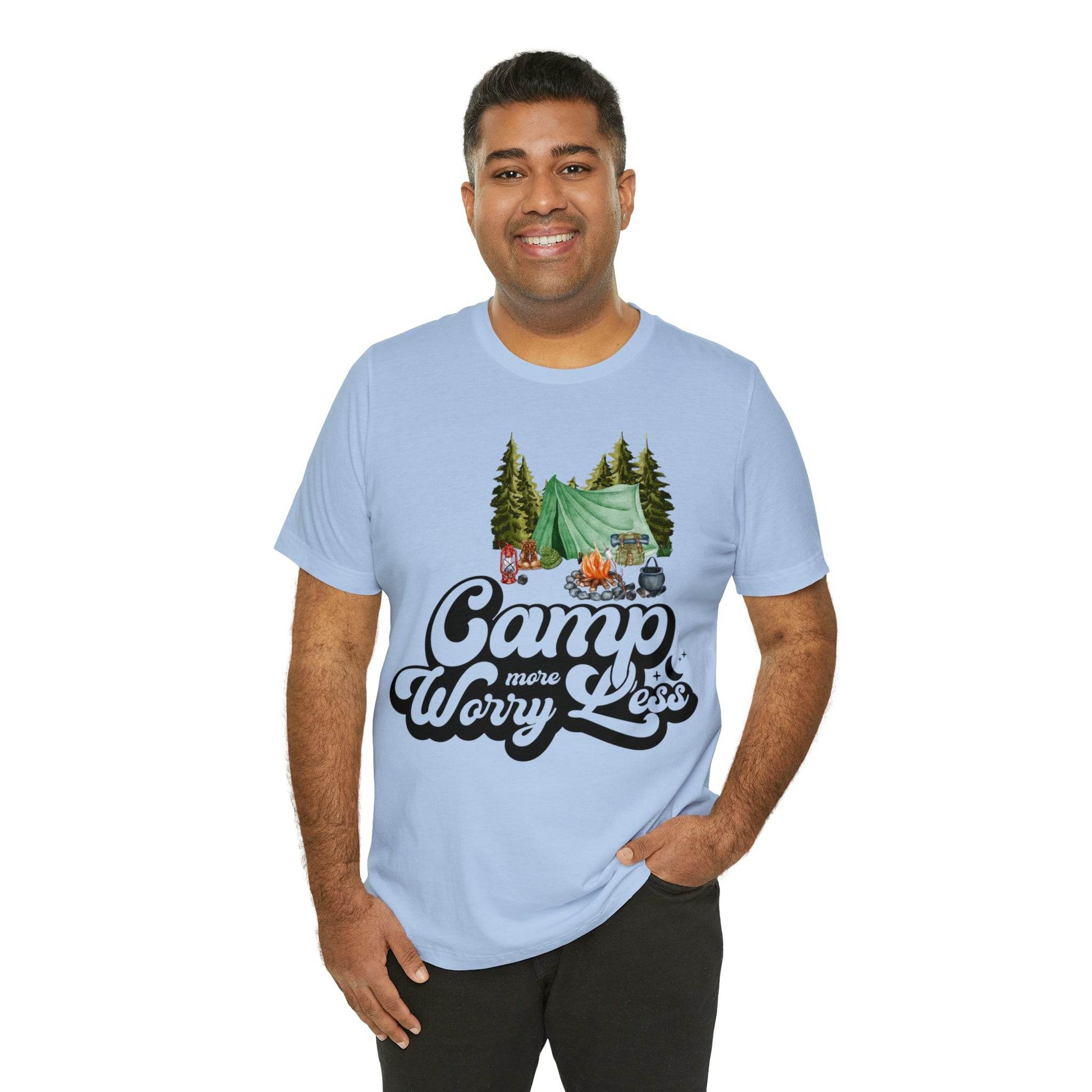 Camp More Worry Less Shirt, Outdoor adventure clothing, Nature-inspired shirts, Hiking apparel, Outdoor enthusiasts gift, Adventure-themed attire - Giftsmojo