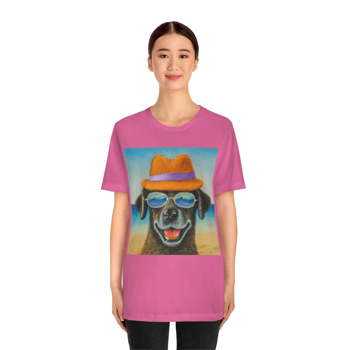 Dog with glasses and hat by the beach painting on ladies Tshirt