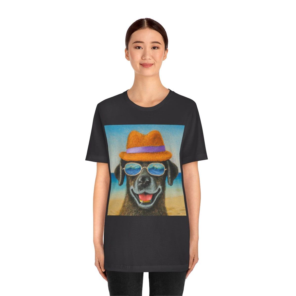 Dog with glasses and hat by the beach painting on ladies Tshirt - Giftsmojo