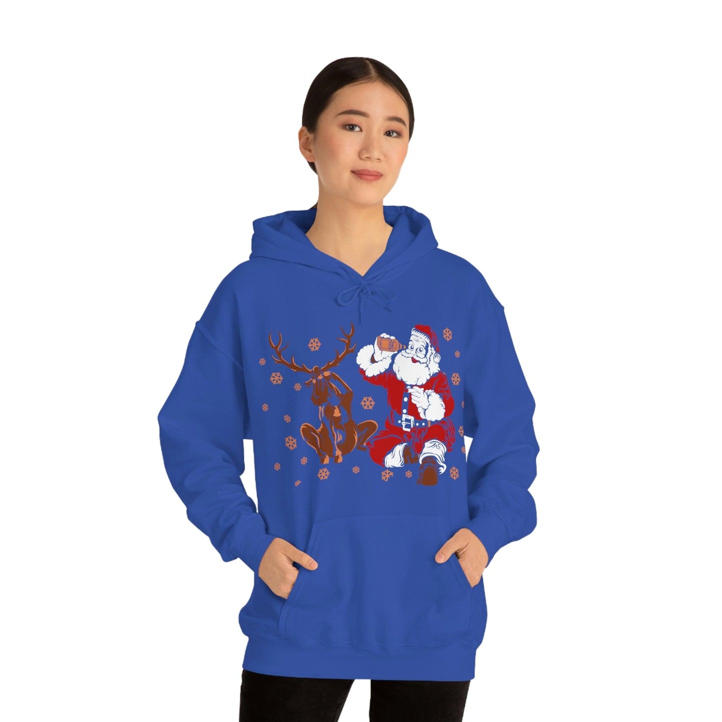 Santa and Reindeer Hooded Sweatshirt Christmas Shirt Funny Christmas Sweatshirt Christmas Gifts Santa Drinking Beer