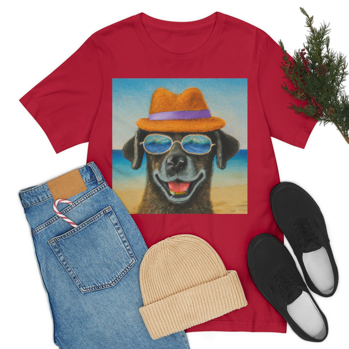 Dog with glasses and hat by the beach painting on ladies Tshirt