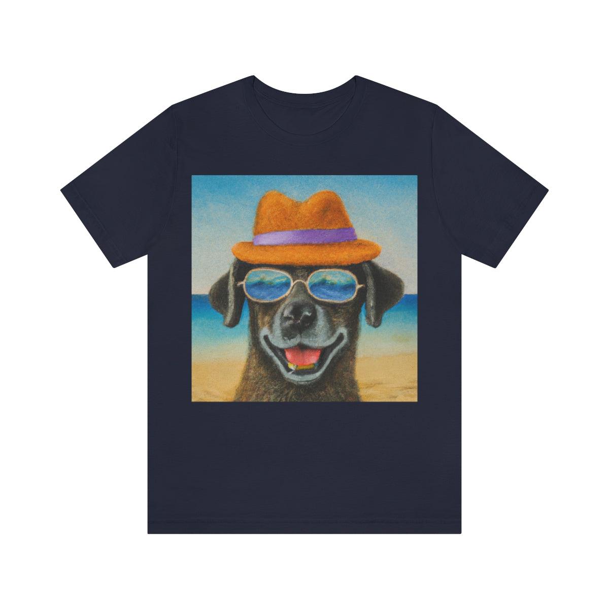 Dog with glasses and hat by the beach painting on ladies Tshirt - Giftsmojo