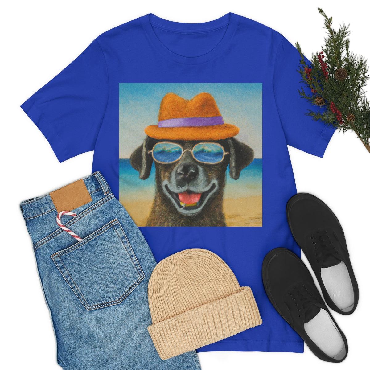 Dog with glasses and hat by the beach painting on ladies Tshirt - Giftsmojo