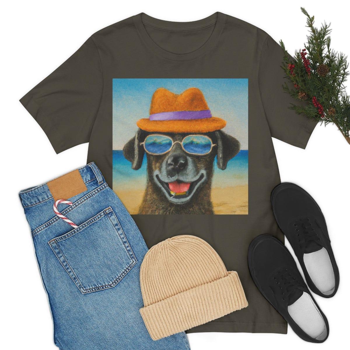 Dog with glasses and hat by the beach painting on ladies Tshirt - Giftsmojo