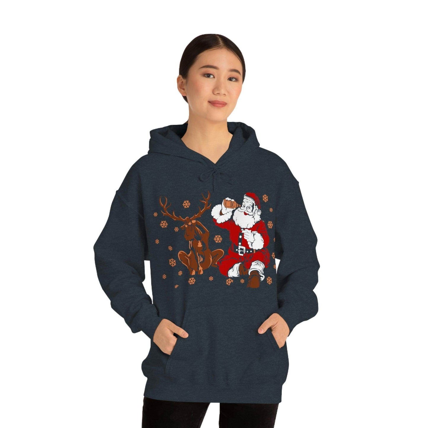 Santa and Reindeer Hooded Sweatshirt Christmas Shirt Funny Christmas Sweatshirt Christmas Gifts Santa Drinking Beer - Giftsmojo