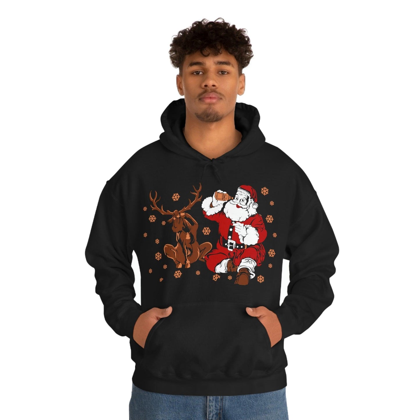 Santa and Reindeer Hooded Sweatshirt Christmas Shirt Funny Christmas Sweatshirt Christmas Gifts Santa Drinking Beer