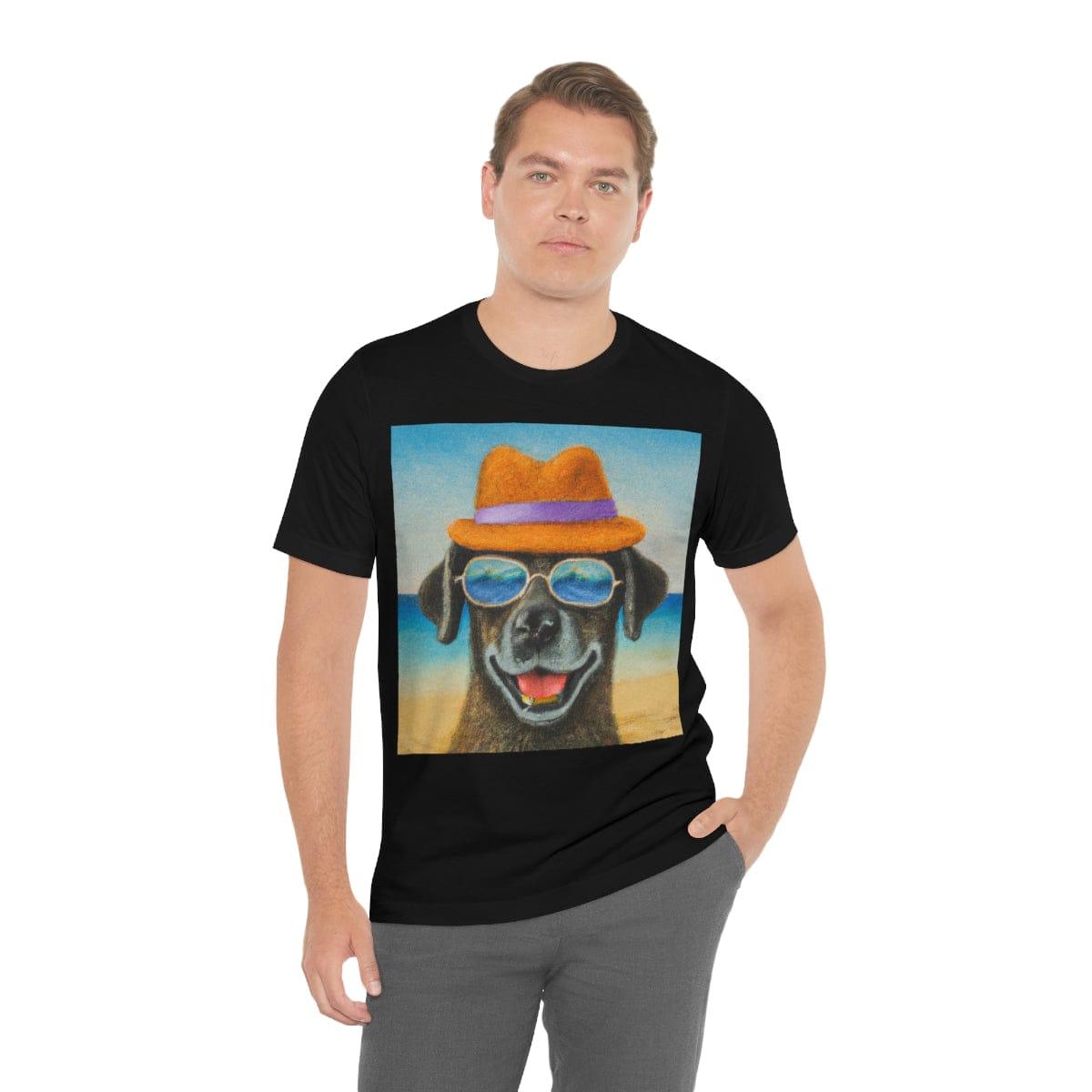 Dog with glasses and hat by the beach painting on ladies Tshirt - Giftsmojo