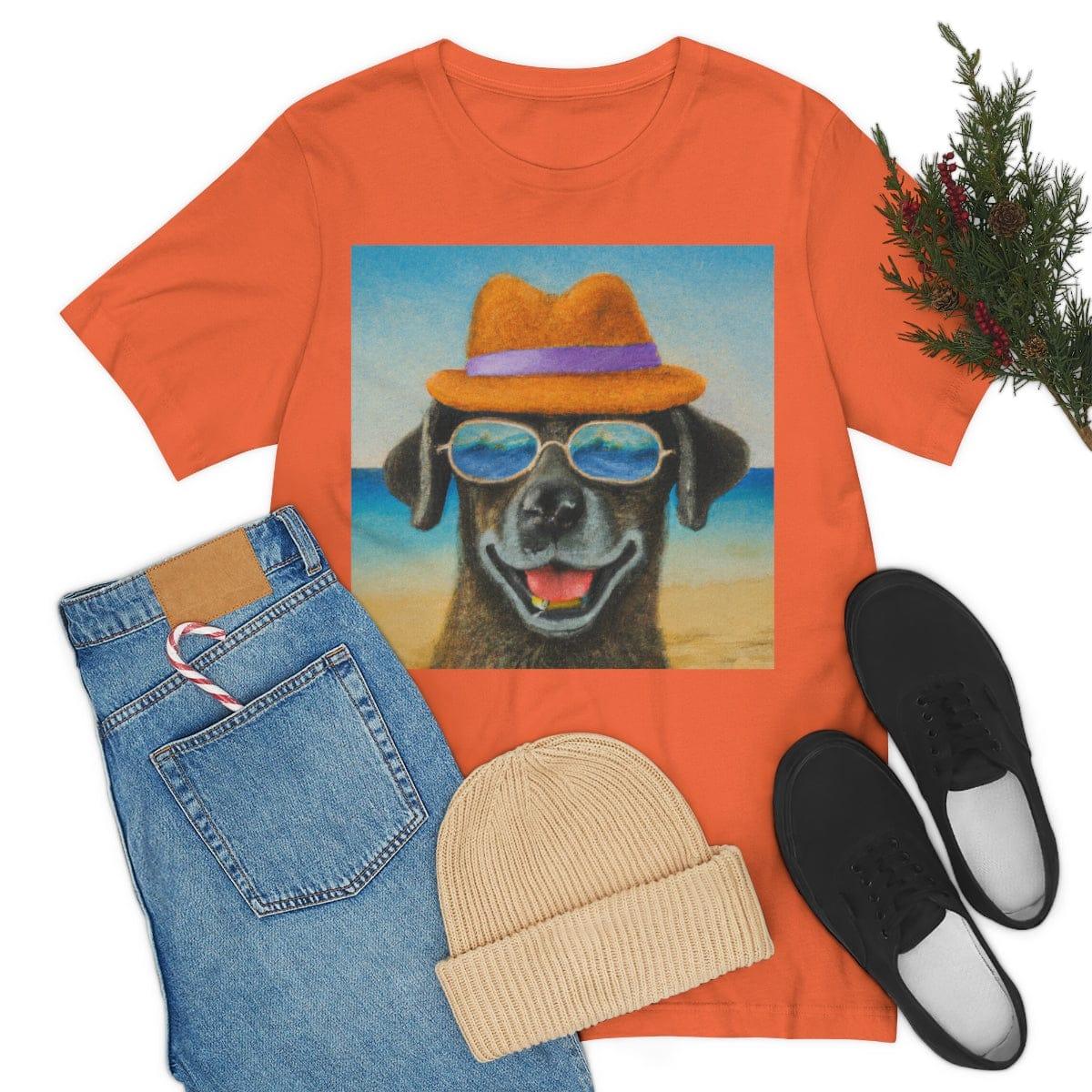 Dog with glasses and hat by the beach painting on ladies Tshirt - Giftsmojo