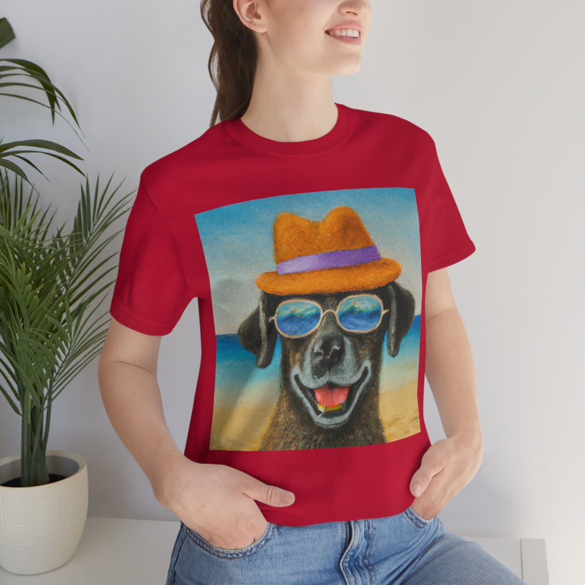 Dog with glasses and hat by the beach painting on ladies Tshirt