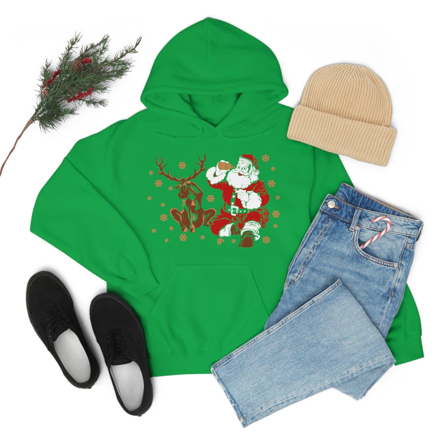 Santa and Reindeer Hooded Sweatshirt Christmas Shirt Funny Christmas Sweatshirt Christmas Gifts Santa Drinking Beer