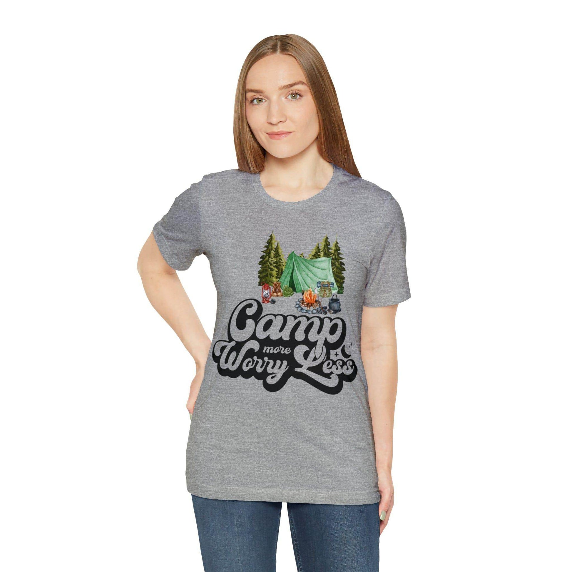 Camp More Worry Less Shirt, Outdoor adventure clothing, Nature-inspired shirts, Hiking apparel, Outdoor enthusiasts gift, Adventure-themed attire - Giftsmojo