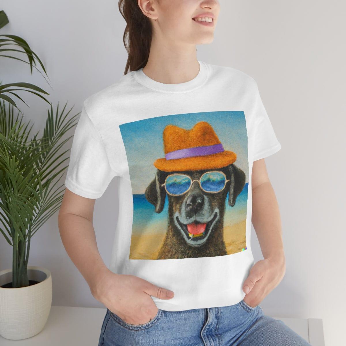 Dog at the beach wearing a hat and sunglasses arts Tshirt - Giftsmojo