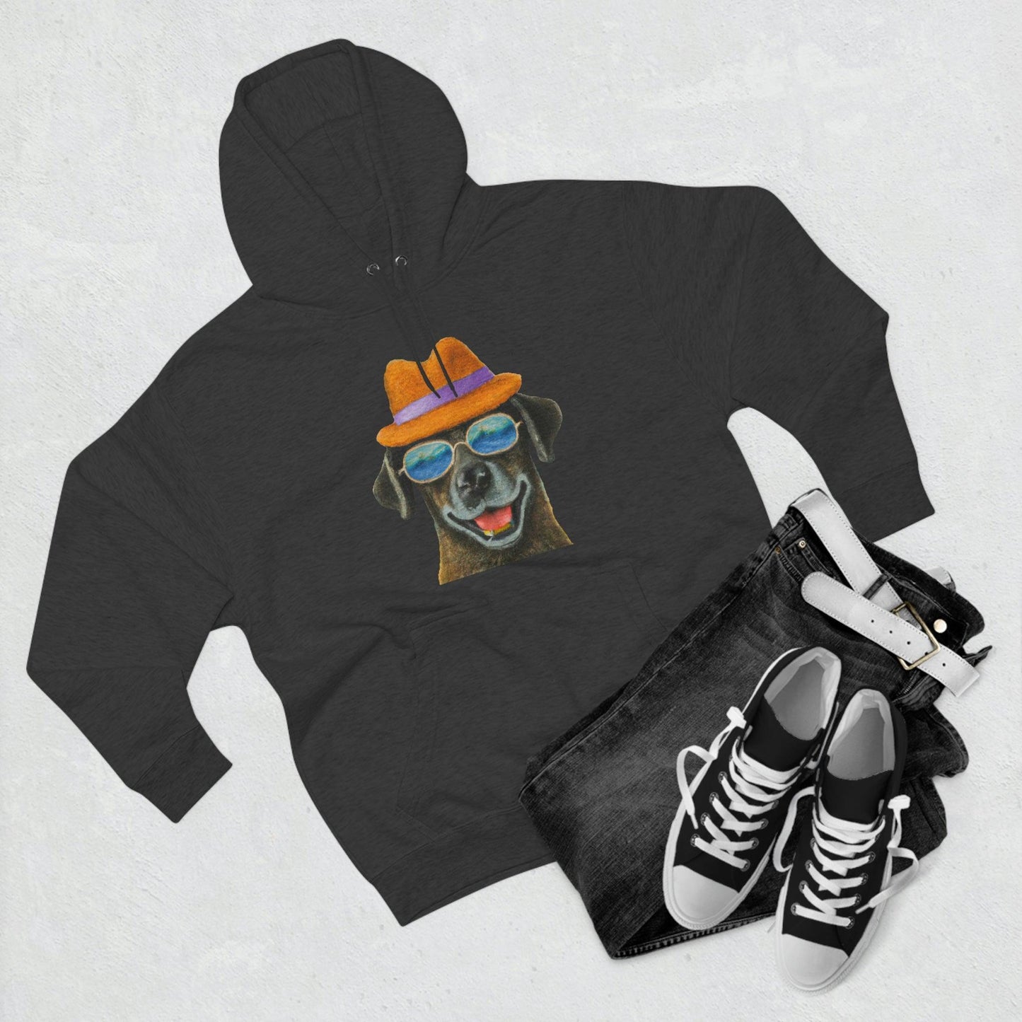 Dog at the beach wearing a hat and sunglasses painted arts Premium Pullover Hoodie
