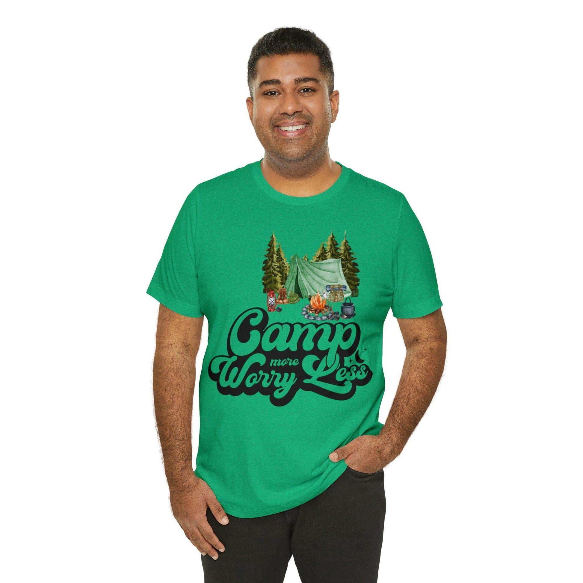 Camp More Worry Less Shirt, Outdoor adventure clothing, Nature-inspired shirts, Hiking apparel, Outdoor enthusiasts gift, Adventure-themed attire - Giftsmojo