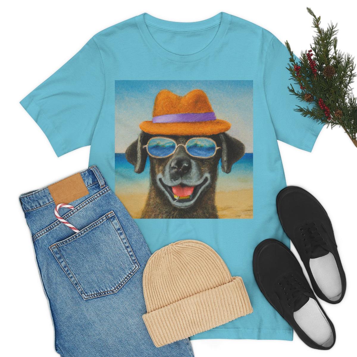 Dog with glasses and hat by the beach painting on ladies Tshirt - Giftsmojo