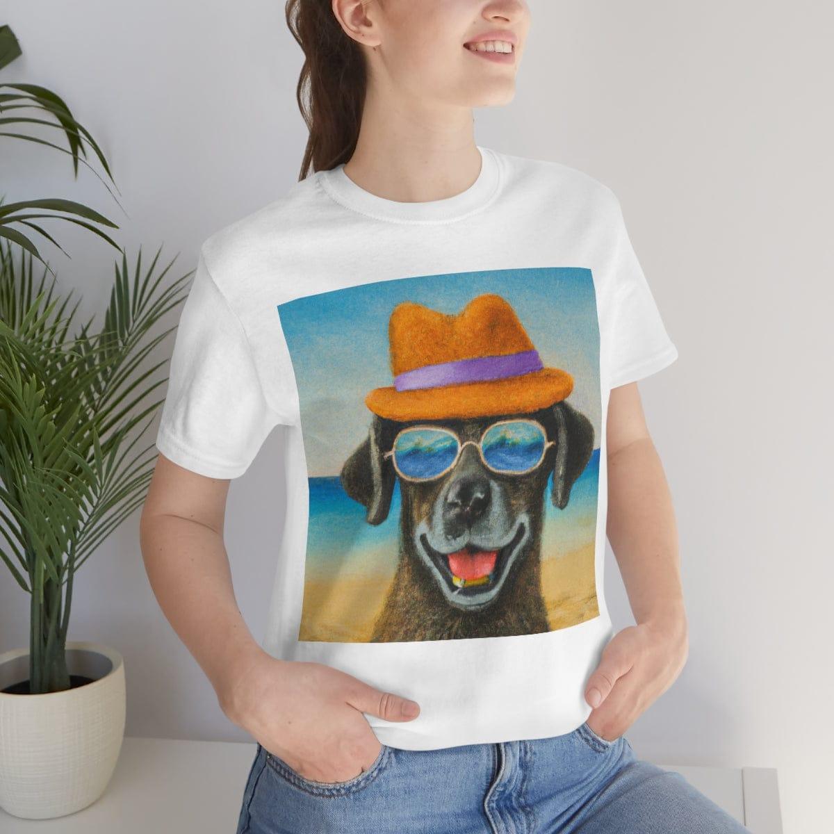 Dog with glasses and hat by the beach painting on ladies Tshirt - Giftsmojo